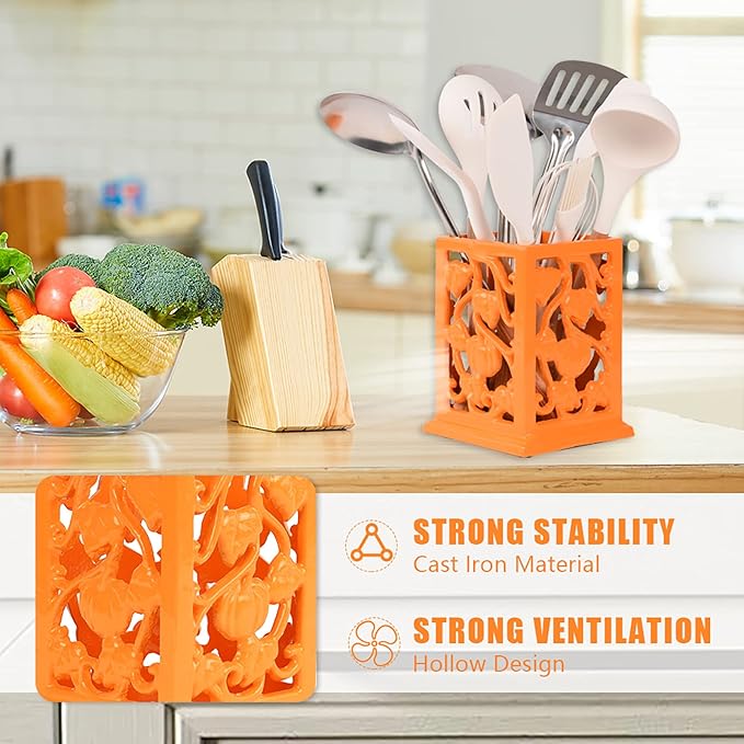 Utensil Holder for Kitchen Counter, Large Cast Iron Vintage Pumpkin Pattern Utensil Holder Cooking Tools Organizer Storage Crock, Orange