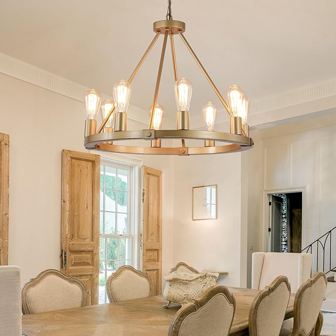 9MMML 23.6“ 8 Lights Golden Wagon Wheel Chandelier, Large Luxury Kitchen Island Pendant Light for Living Dining Room Foyer Entryway,Height Adjustable,E26.