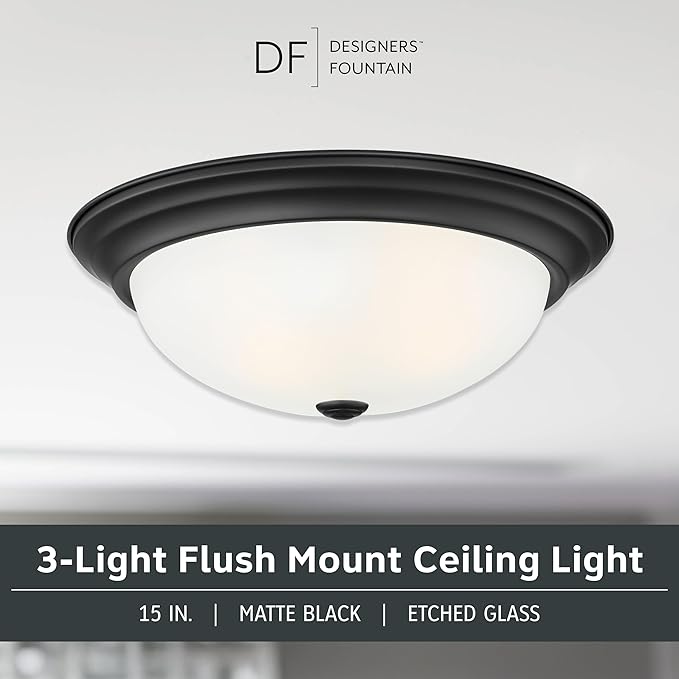 DESIGNERS FOUNTAIN Reedley 3-Lights Flush Mount Ceiling Light, 15 Inch Lighting Fixture for Kitchen, Bedroom, Bathroom, and Hallway, Matte Black with Etched Glass, 1257L-MB-W