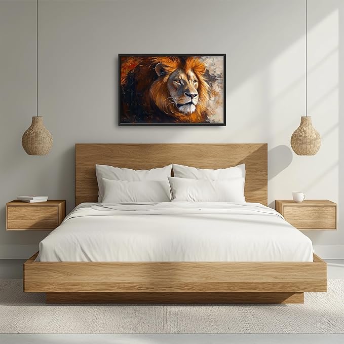 Lion Framed Wall Art for Living Room, Large Brown Lion Canvas Wall Decor, Wild Animal Pictures Painting, Modern Artwork for Bathroom Bedroom Office 36L'' × 24W''