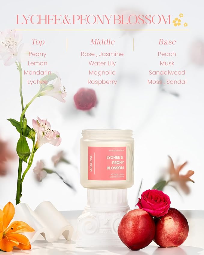M&SENSE Lychee Peony Peach Scented Candle - 11.6oz 70 Hours Burn Non Toxic Natural Soy Wax Slow Burning Candle, 2-Wick Fruity Scent Gifts for Mom & Stress Relief Relaxing