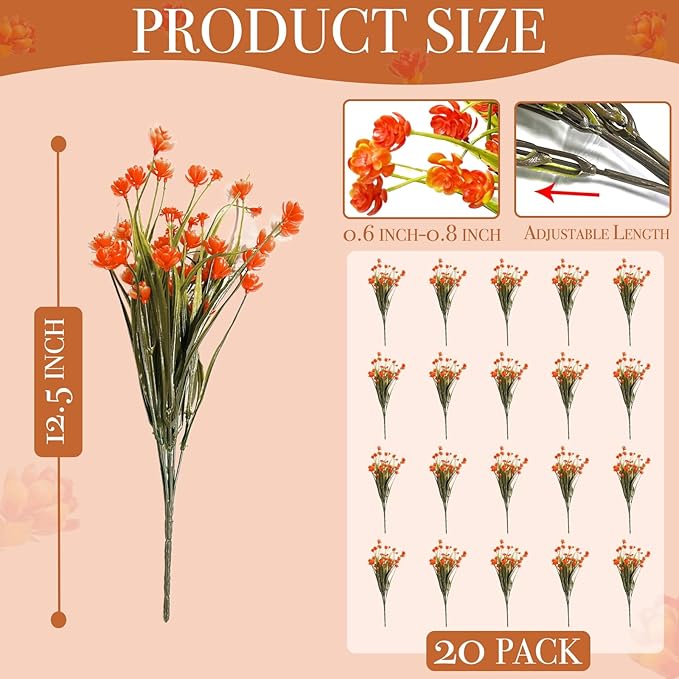 20 Bundles Artificial Fall Flowers for Outdoors Fall Decorations-UV Resistant Fake Mums Faux Plants Plastic Flowers Greenery Home Porch Gardens Fireplace Patio Autumn Indoor Thanksgiving Decor(Orange)