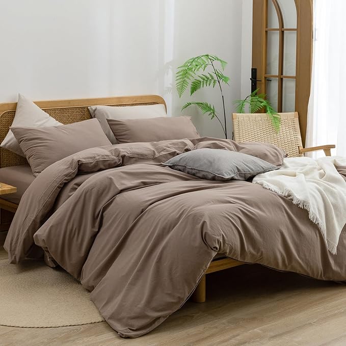 BESTOUCH Duvet Cover Set 100% Washed Cotton Linen Feel Super Soft Comfortable Chic Lightweight 3 PCs Home Bedding Set Solid Pine Bark Brown Oversized King