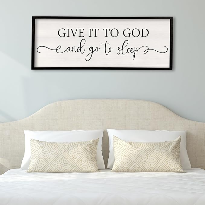 Surfapans Give It To God And Go To Sleep Sign Wall Decor Above Bed 32"x12" Master Bedroom Guest Room Over Bed Wood Rustic Framed Wall Art (Black)
