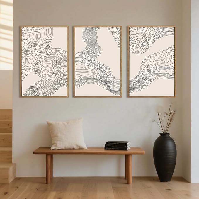 Neutral Abstract Wall Art Framed Modern Beige Wave Wall Decor for Bathroom Living Room Bedroom 16x24 Inch Set of 3