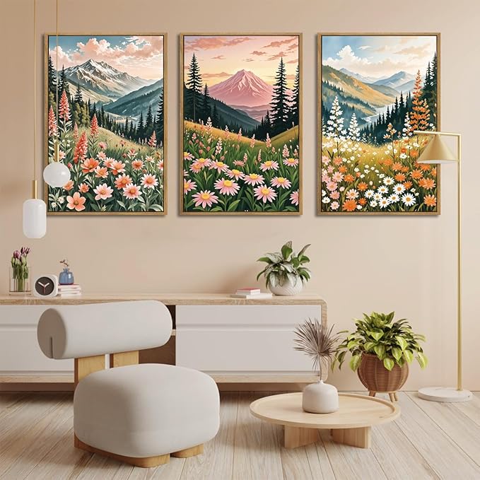 Extra Large Wildflower Wall Art Boho Wildflower Wall Decor 24x36 Inch Colorful Mountain Wall Art Set of 3 for Living Room Bedroom Dining Room