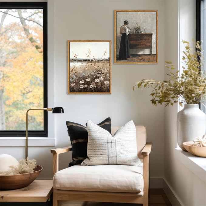 KBKBART Vintage Wall Art Framed, Retro Countryside Autumn Wildflower Field Landscape Canvas Painting Farmhouse Decor Wall Art, Rustic Fall Landscape Bathroom Wall Decor for Bedroom Living Room,