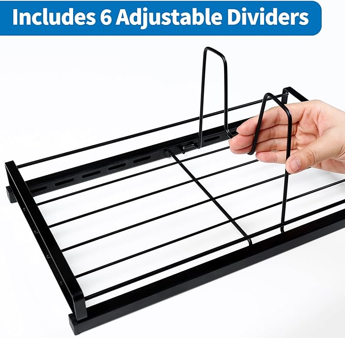 Food Container Lid Organizer, Adjustable 6 Dividers Full-Metal Pot and Pan Organizer Rack for Kitchen Cabinets, Drawers, Cupboards, Pantry Shelves Storage, Black