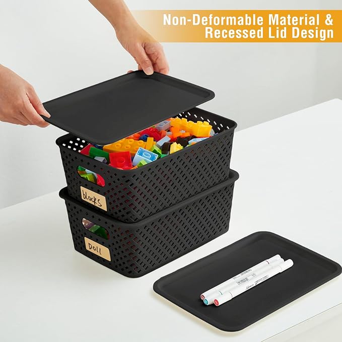 Small Plastic Twill Woven Storage Baskets with Lids, Stackable Organizing Containers with Labels for Pantry Closet Office, 6-Pack,10.35"x7.3"x4.09", Black