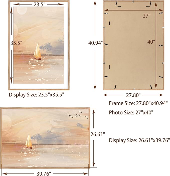 27x40 Picture Frame, Solid Oak Wood 27x40 Poster Frame for Wall, 27 x 40 Frame with Tempered Real Glass, 27x40 Frame with Mat for 24x36, Rustic Wooden 27x40 Art Frame, Natural Oak Color