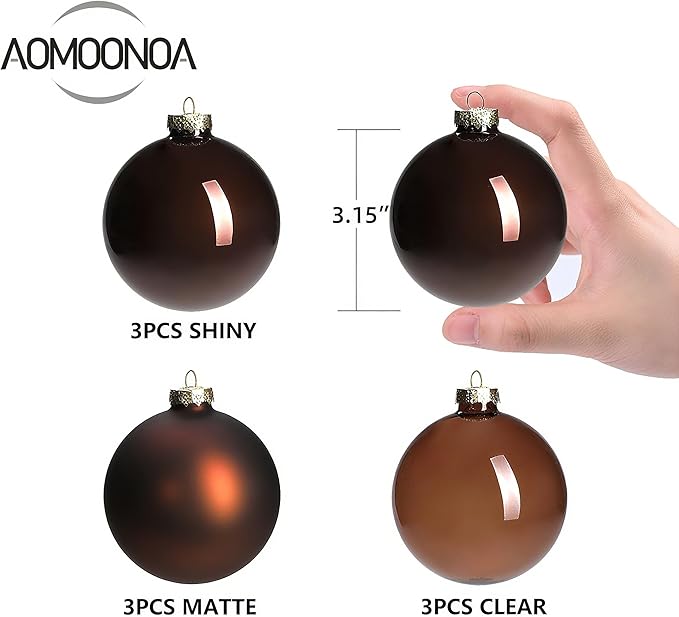 Brown Glass Christmas Ball Ornaments, 3.15" Christmas Hanging Ornament for Tree Set of 9 with 3 Different Finishes, Xmas Baubles for Holiday Xmas Party Tree Decorations Gift
