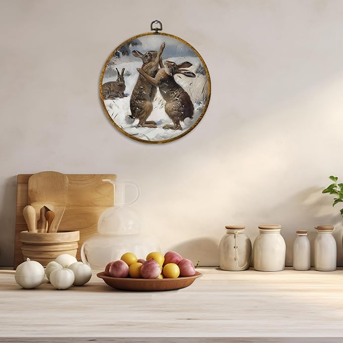 CUANFDDSF Vintage Winter Bunny Round Wall Art Decor, Rustic Cottagecore Rabbit Wall Hanging Frame Decor, Antique Winter Fighting Bunny Canvas Prints Decorations for Home Bedroom, 10x10 Inch