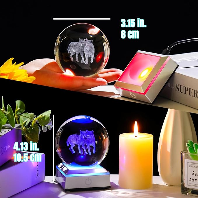 Ornalrist Wolf Gifts for Women, Men - 3D Crystal Ball Engrevd Couple Wolfs 3.15'' with LED Light Base - Wolf Lover Night Light Figurinefor Home Decor
