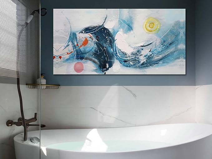 Ardemy Abstract Wall Art Canvas Modern Textured Teal White for Living Room Painting, Wall Art for Living Room Picture Bedroom Large Artwork Framed Home Office Kitchen Bathroom Wall Decor, 40"x20"