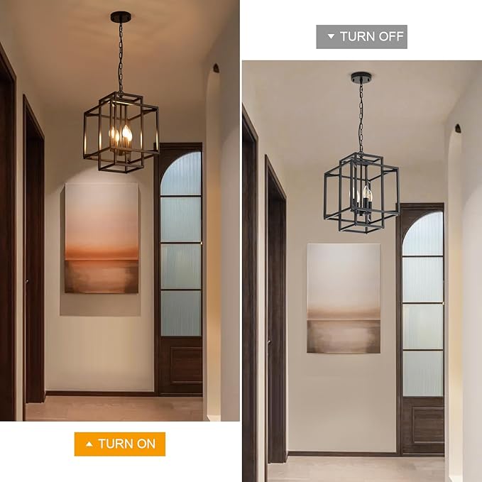 4-Light Black Chandelier,Semi Flush Light Fixture for Farmhouse with Metal Cage,E12 Bulb Socket and Adjustable Height for Dining Room,Kitchen Island,Living Room,Staircase, Entryway and indoor