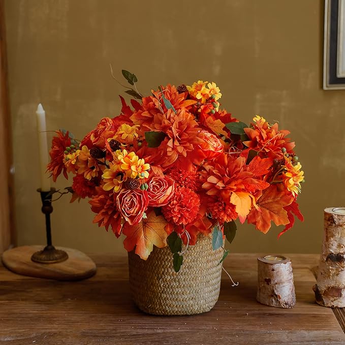 Anna's Whimsy 2 Pcs Fall Artificial Flowers,Artificial Plants Indoor, Fall Decor Silk Flowers Bouquet for Home Wedding Thanksgiving Decoration (Orange, 2)