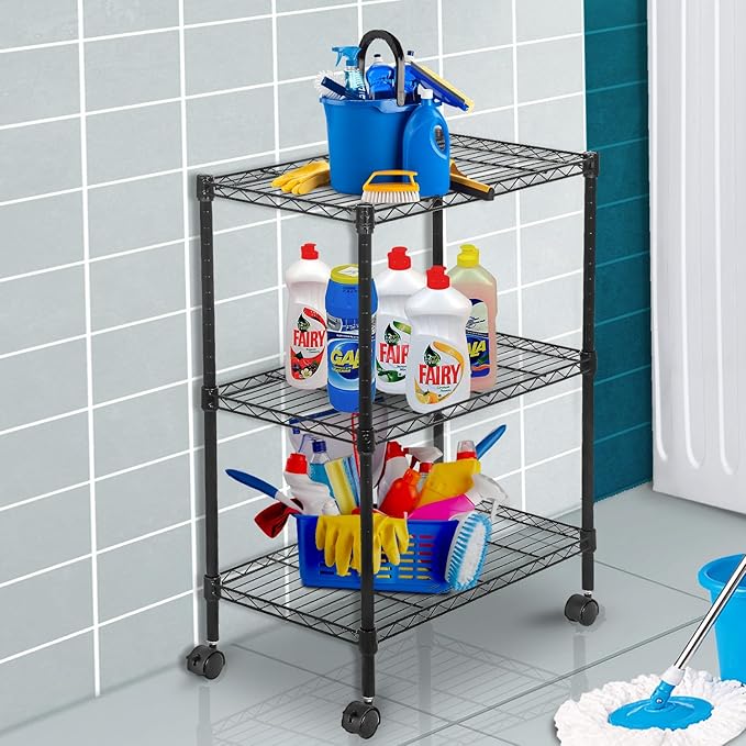 PayLessHere | 3-Tier Wire Shelf with Wheels | 23"x13"x31" | Black | Adjustable Racks | Heavy-Duty Storage Shelves, Holds Upto 170 lbs | Rust-Resistant, No-Tool Assembly | for Home, Garage Shelving