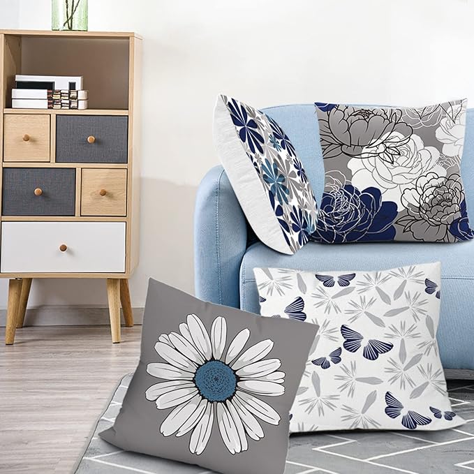 COMMINY Blue Grey Pillow Covers 18x18 Set of 6 Decorative Daisy Flower Throw Pillow Cover for Couch Modern Pillow Case for Patio Living Room Cushion Bed Farmhouse Home Decor