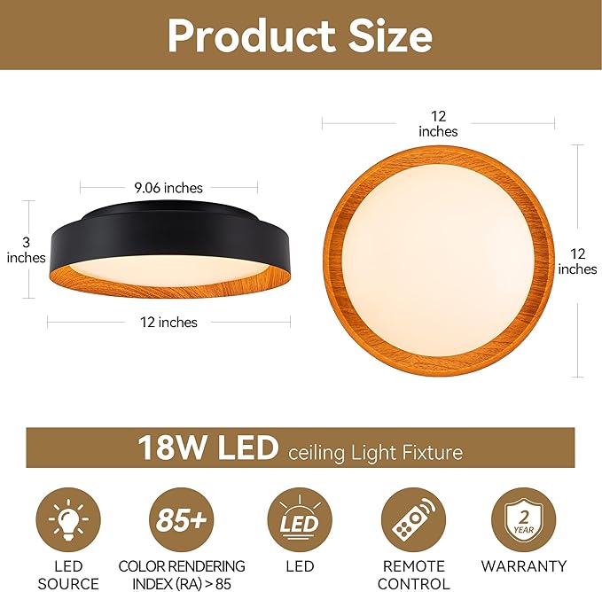 12 Inch LED Flush Mount Ceiling Light with Remote, 18W Flush Mount Light Fixture in Balck and Wood Finish, Dimmable Ceiling Light for Bedroom, Hallway, Entryway, Bathroom, Kitchen