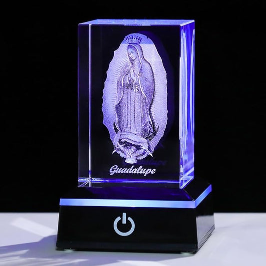 Movdyka 3D Virgen De Guadalupe Statues Decorations Religious Gifts for Women Laser Etched Crystal Our Lady of Guadalupe The Blessed Virgin Mary Glass Statues with Colorful LED Base