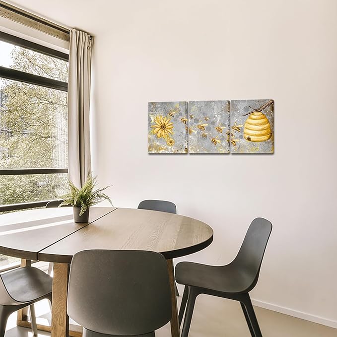 FuShvre Yellow and Grey Canvas Wall Art Honey Bee with Daisy Painting Prints Insect Pictures for Farmhouse Kitchen Decor Framed Ready to Hang 12"x16" Each (Small) (Small, Grey)