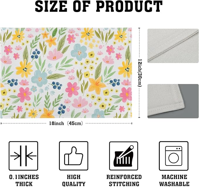 Cute Floral Placemats 12×18 Inches Set of 4 Spring Summer Seasonal Indoor Kitchen Dining Table Place Mats for Home Party Decoration