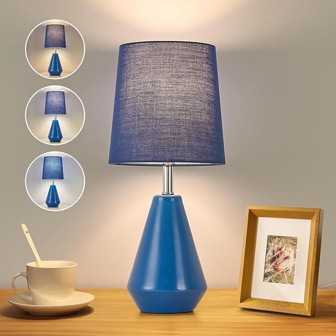 Small Bedside Table Lamp for Bedroom - Reading Desk Lamp with 3 Color Temperatures，15.5" Nightstand Ceramic Lamp with Fabric Shade for Kids Room,Living Room,Dorm,Home Office (Blue)