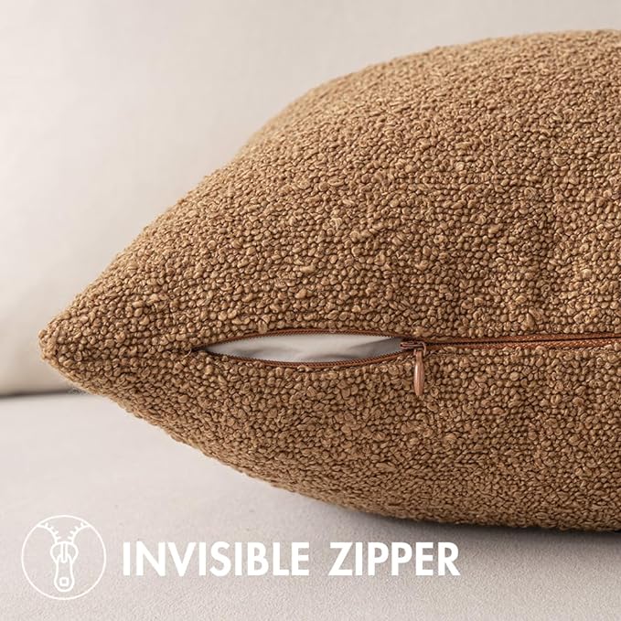 MIULEE 24x24 Decorative Euro Sham Throw Pillows for Bed Set of 2 Textured Boucle Neutral Throw Pillow Coverss Brown Accent Solid Couch Pillowcase Cozy Soft Sofa Livingroom Home Decor