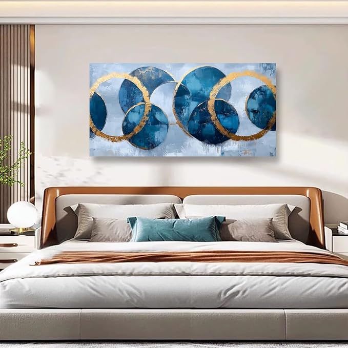 Abstract Pictures Canvas Wall Art for Living room Office Bedroom Wall Decor, Ring Wall Art Print Paintings Modern Blue Golden Abstraction Artwork Waterproof Ready to Hang-20x40inch