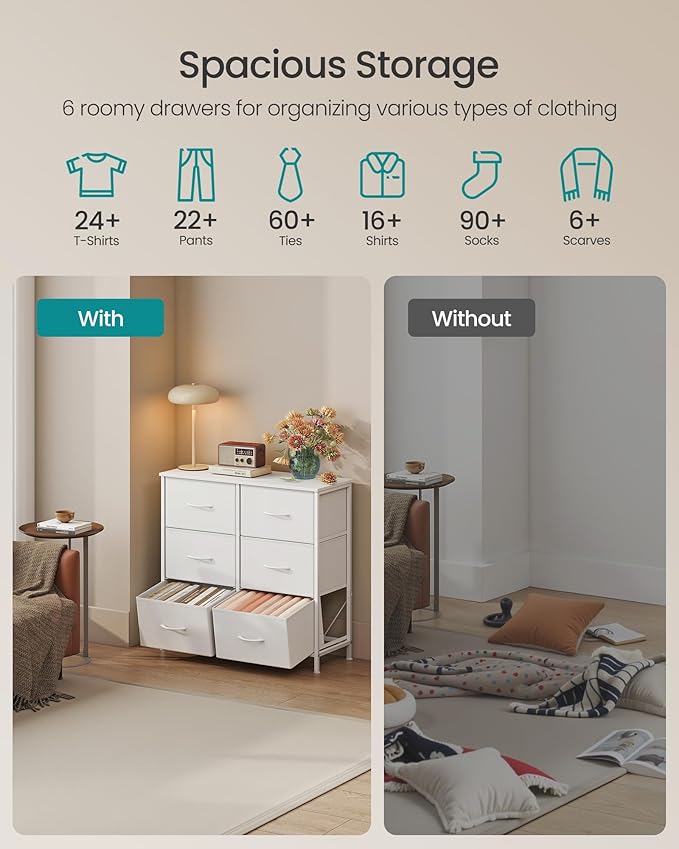 SONGMICS Dresser for Bedroom, Chest of Drawers, TV Stand, Steel, MDF, 6 Non-Woven Fabric Drawers, Storage Organizer Unit, Closet, Entryway, Cloud White and Snow White ULGS123W01S