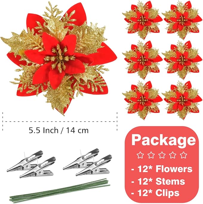 Christmas Poinsettia Artificial Flowers Decorations 5.5" Christmas Tree Wreaths Garland Decoration 12 Pcs Glitter Flowers Picks Decor for Xmas New Year Wedding Party Ornaments (Red Gold)