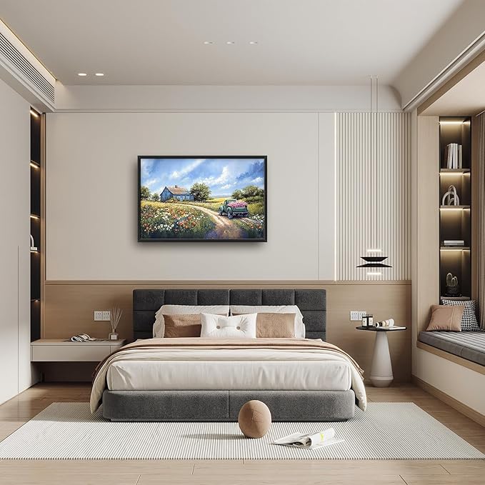 Flintis Large Farmhouse Barn Framed Wall Art Country Green Truck Flowers Pictures Wall Decor Abstract Canvas Painting Print Artworks Decor Framed for Living Room Bathroom Master Bedroom 36L X 24W