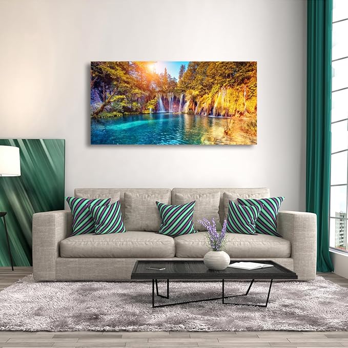 Lake Water Pictures Canvas Wall Art for Living room Bedroom Wall Decor,Waterfall Wall Art Print Paitnings for home Decor,Morden Artwork Sunset Tree Canvas Art Waterproof Stretched Ready to Hang 28x57"