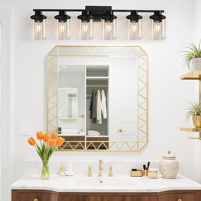 LOUSACE 6 Light Bathroom Vanity Light, Matte Black Bathroom Light Fixtures, Modern Bathroom Lights Over Mirror with Clear Glass Shade, Wall Sconce Lighting for Bedroom Living Room