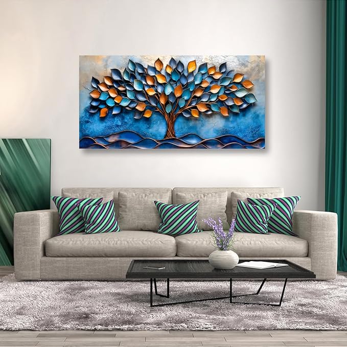 Tree of Life Pictures Canvas Wall Art for Living room Office Bedroom Wall Decor,Blue Leaf Wall Art Print Paintings Modern Autumn Blue Golden Scenery Artwork Waterproof Ready to Hang-20x40inch
