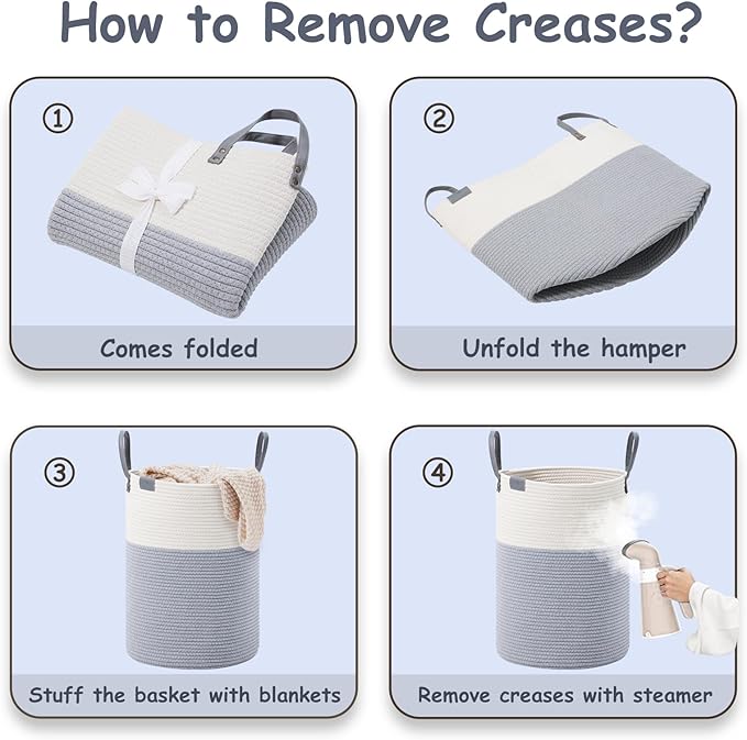 VIPOSCO Tall Laundry Basket, Large Dirty Clothes Hamper with Leather Handle, Woven Rope Storage Basket for Blanket, Toy In Living Room, Bathroom, Bedroom - 53L Grey & White