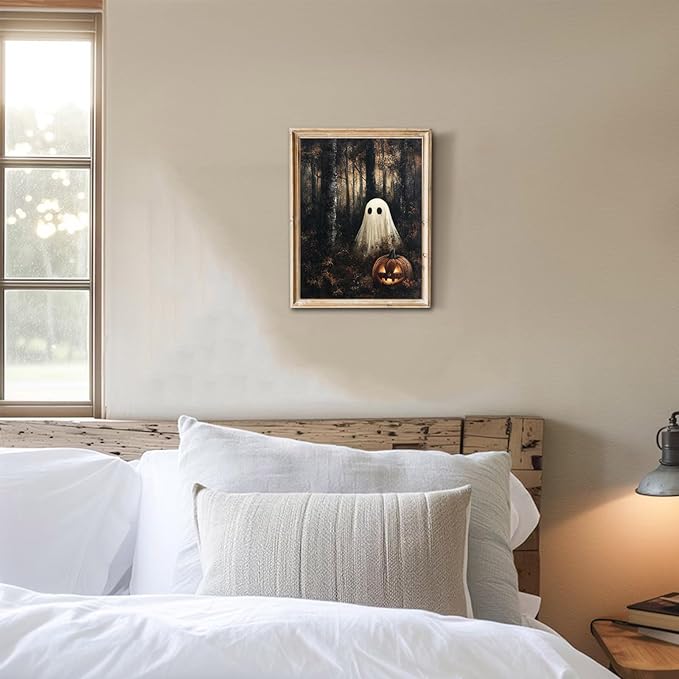 RETRART Vintage Halloween Ghost Wall Decor Pumpkin Head Wall Art Print 11x14 inch Horror Decor, for Bedroom, Kitchen Spooky Wall Decor, Moody Fall Forest Gallery Style Canvas Picture -Unframed