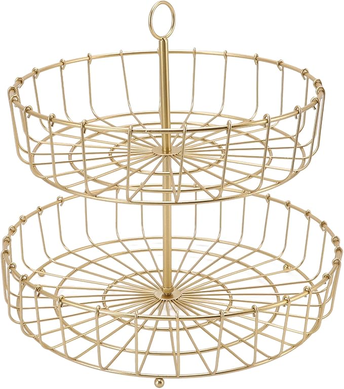 Tiered Fruit Bowl, 2 Tier Fruit Basket, Golden Fruit Basket Iron Round Golden Nordic Household Snack Storage Tray For Party Desktop Kitchen
