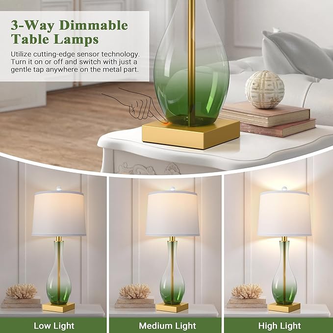 3-Way Dimmable Modern Glass table lamp for Living Room, Green Table Lamps Set of 2 with Touch Control, USB C and A Charging Ports, 27" Bedside Desk Lamps for Nightstand Decorations(LED Bulbs Included)