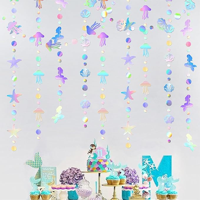 Iridescent Mermaid Birthday Party-Decorations Garland - 40FT Euphoria Under The Sea Jelly Fish Favors,Seashell Starfish Hanging Streamers Swirl,Little Mermaid Baby Shower Banner Decor Panduola