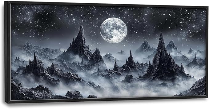 Olivine Mountain Large Wall Art, Moon Pictures Wall Decor, Nature Landscape Paintings, Night Mountains Canvas Prints, Framed Artwork for Dining Room Bedroom Living Room Office Bathroom Home 60"x30"