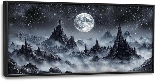 Olivine Mountain Large Wall Art, Moon Pictures Wall Decor, Nature Landscape Paintings, Night Mountains Canvas Prints, Framed Artwork for Dining Room Bedroom Living Room Office Bathroom Home 60"x30"