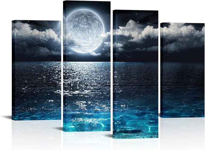 Saypeacher Full Moon Canvas Wall Art Ocean and Moon Photo Pictures Prints Night Sky Landscape Painting