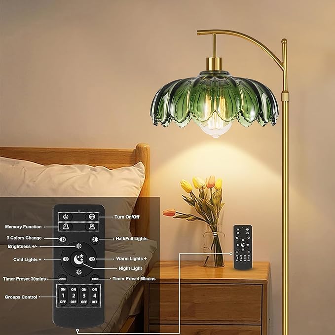 Gold Floor Lamps for Living Room,Glass Floor Lamp with Remote Control & Green Lampshade,Arc Flower Floor Lamp Dimmable Mid Century Modern Standing Lamp Vintage Brass Tall Lamp For Bedroom Corner