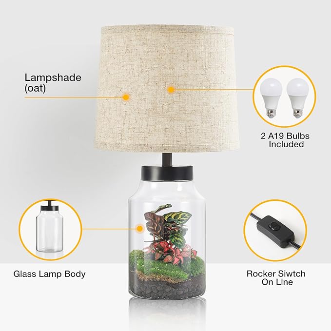 GyroVu Table Lamp Set, Fillable Table Lamp with Clear Glass Nightstand Lamp Set of 2 Beside Lamp for Living Room Bedrooms Office Bulbs Included(Oat Lampshade)