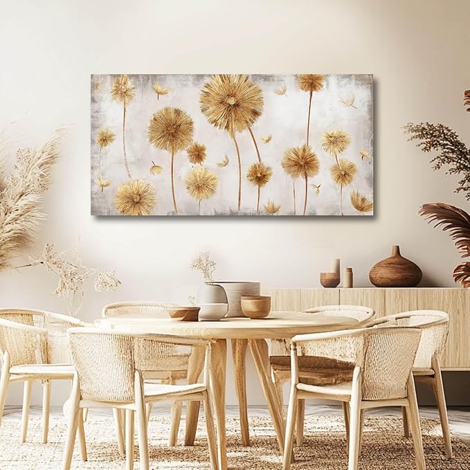 Framed Canvas Wall Art Gold Dandelion Wall Prints Living Room Artwork Grey Picture Wall Decor for Bedroom 20"x 40" Office Painting Home Decor