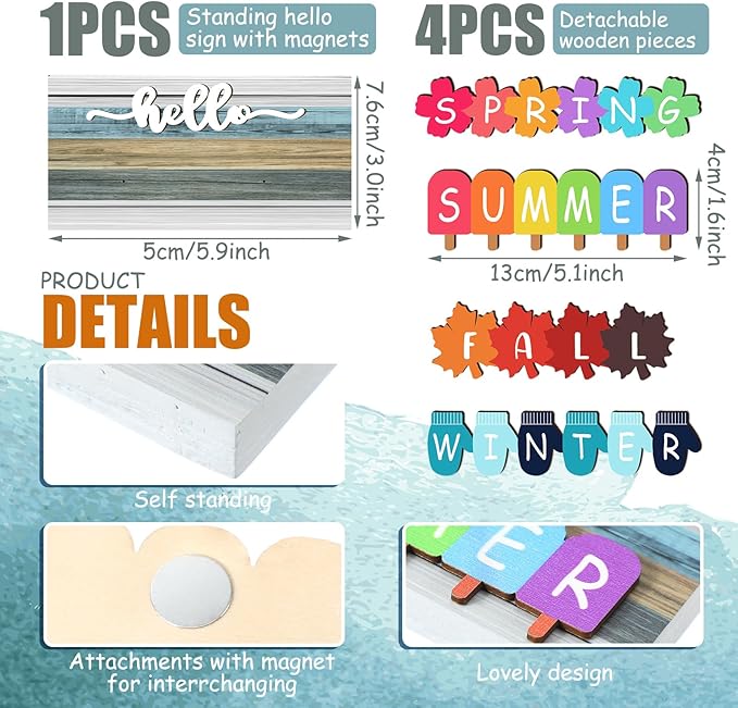 Roowest 5 Pcs Hello Fall Sign Interchangeable Seasonal Sign Spring Summer Winter Tiered Tray Decor 5.9 x 3 Inch Wooden 4 Seasons Farmhouse Table Centerpiece Decoration for Home Shelf Office(Retro)