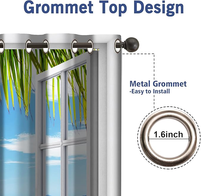 Jekeno Ocean Beach Palm Trees Blackout Curtains Summer Tropical Island Decor Seaside White Wooden Window View Print Grommet Window Drapes for Bedroom Living Room 2 Panel Set, 42"x84"