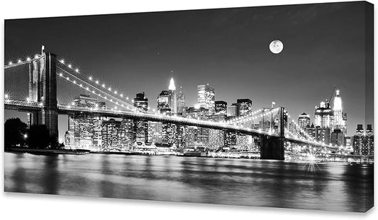 Baisuart-Q30362 Brooklyn Bridge Night View 1 Panels Landscape Artwork Canvas Prints Moon Night New York City Scene Picture Paintings Black and white Wall Art for Oiffce Home Decorations Wall Decor