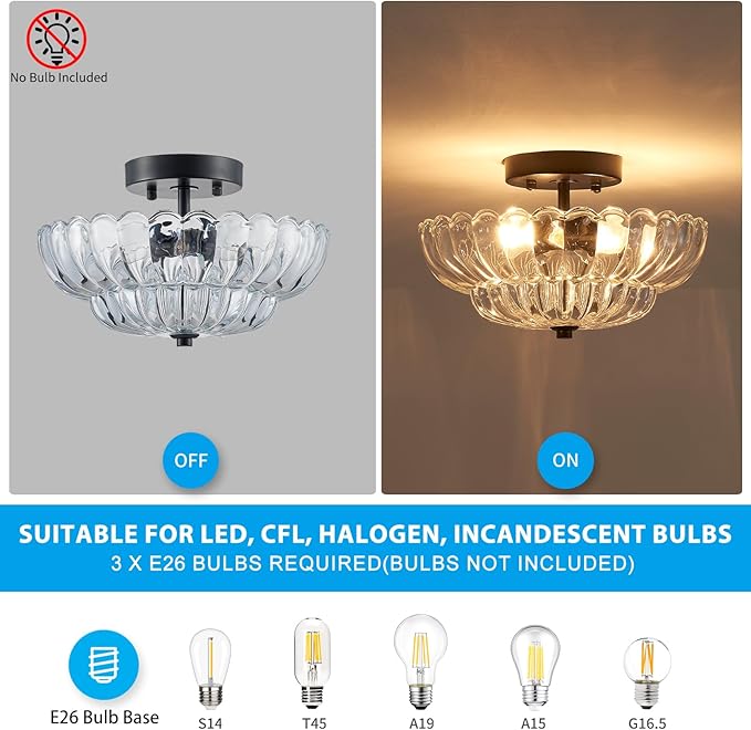 XINGQI Modern Chandelier Vintage Semi Flush Mount Ceiling Light Fixture Small Black 3-Light Close to Ceiling Scalloped with Clear Glass Shade for Living Room Entryway Bedroom Closet